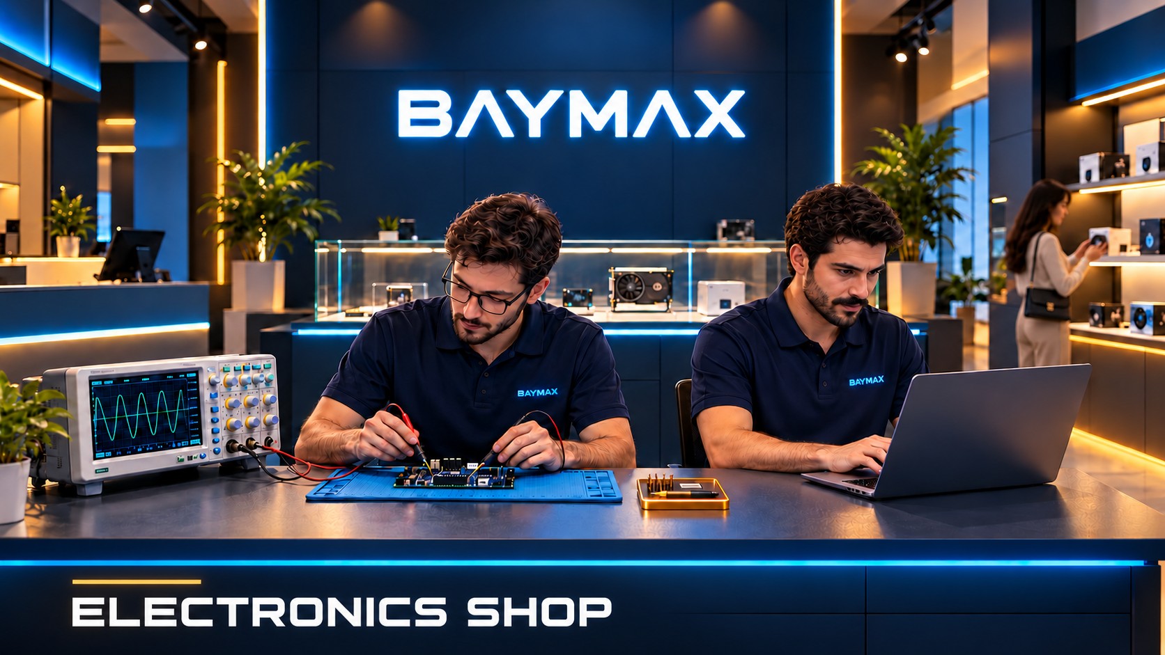 Baymax electronics team at work, with a customer browsing components