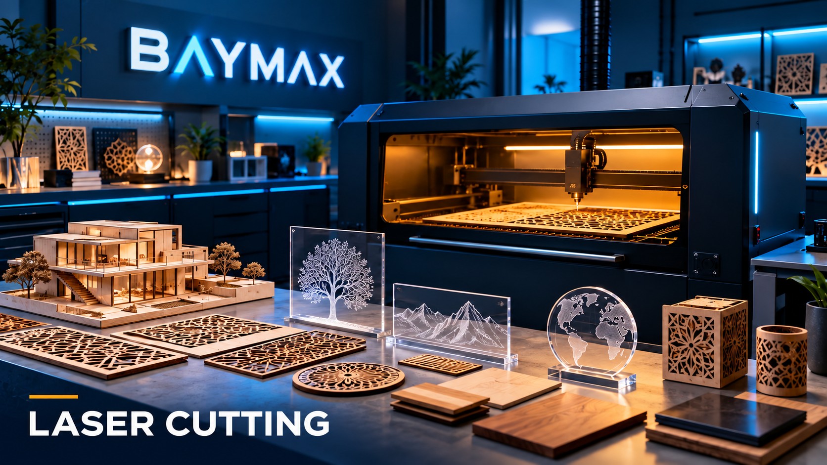 Concept illustration of laser cutting equipment with wood and acrylic designs