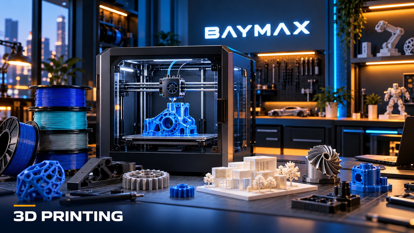 Concept illustration of a 3D printer and detailed prototypes